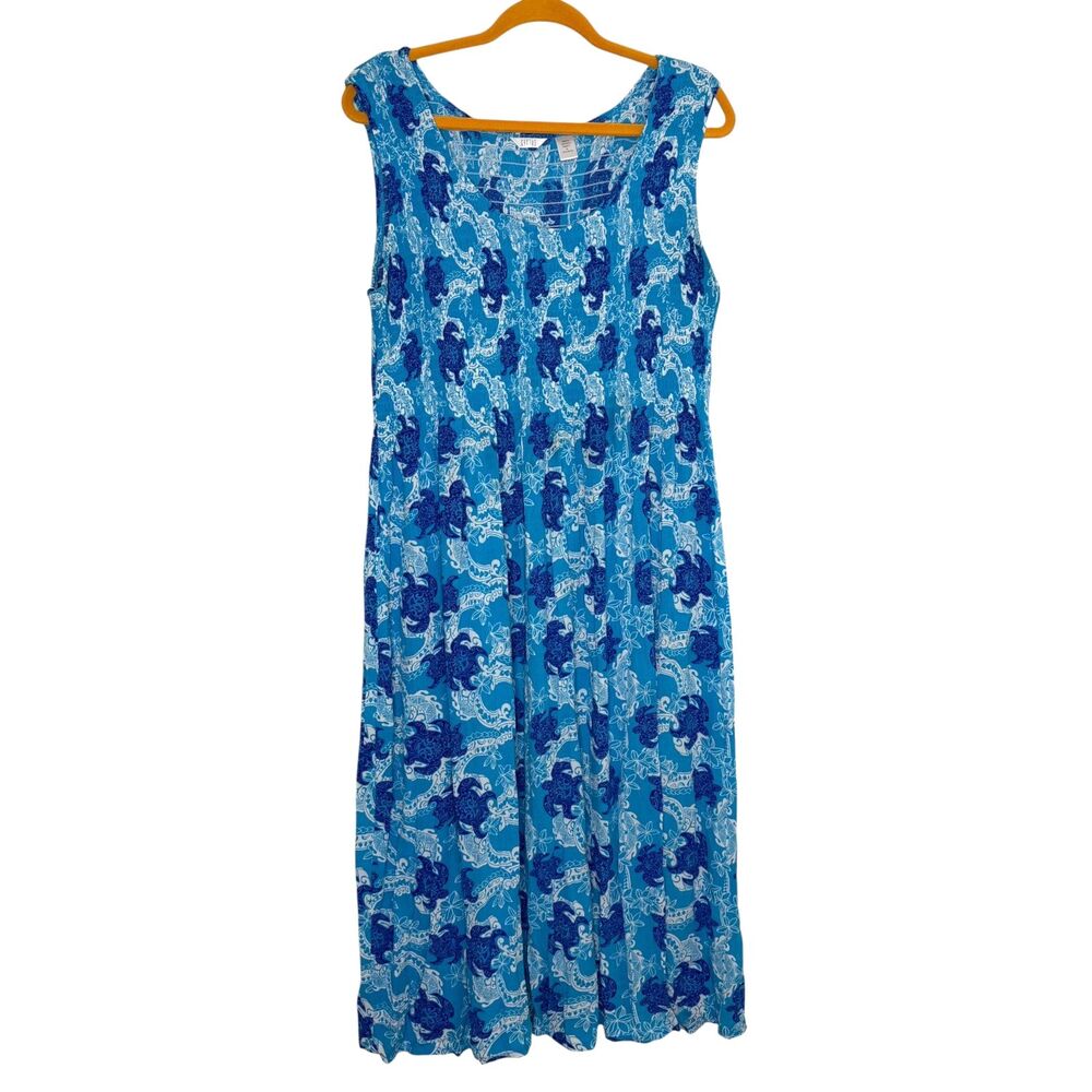 Kaktus Midi Dress Sea Turtle Smocked Floral Blue Gauze Crinkle XL